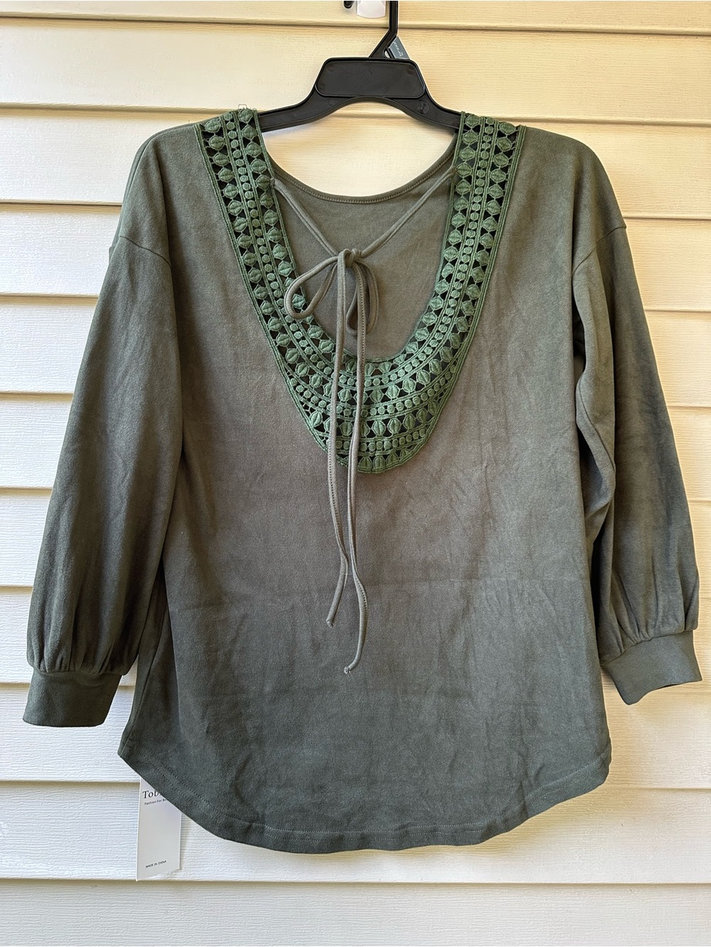 Crochet Yoke Olive Green Tie-Front Women's Blouse